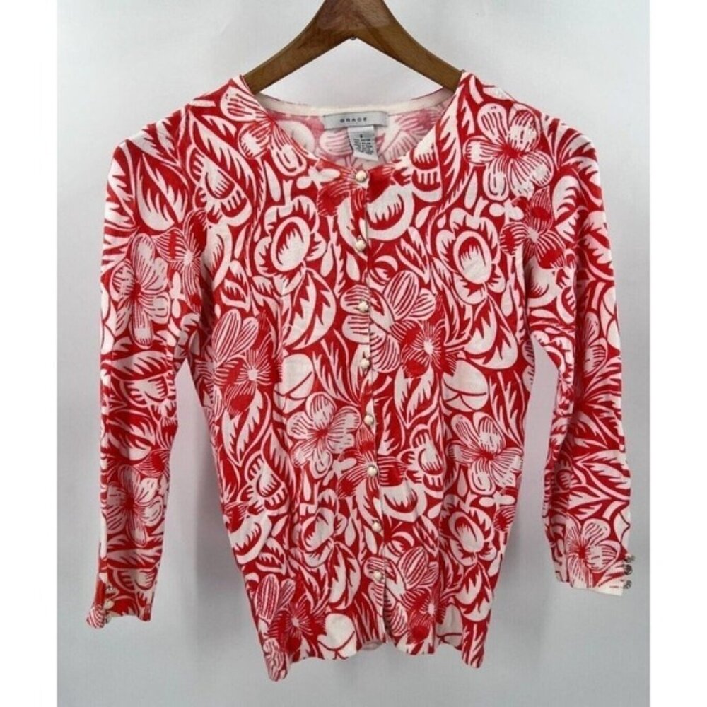 Grace Womens Small Tropical Hawaiian Floral Button-Front Sweater Cardigan Orange